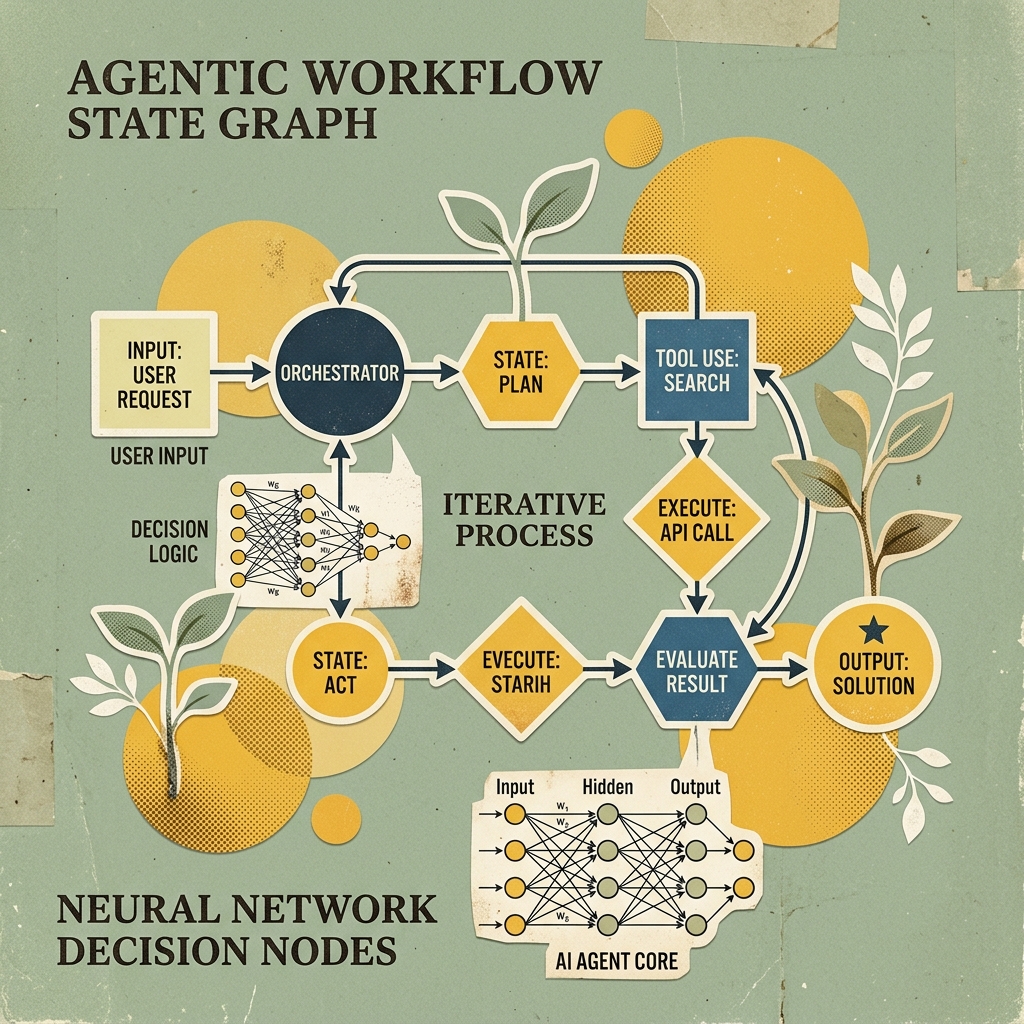 Vintage editorial collage illustration showing an agentic workflow state graph and neural network nodes on a sage green background