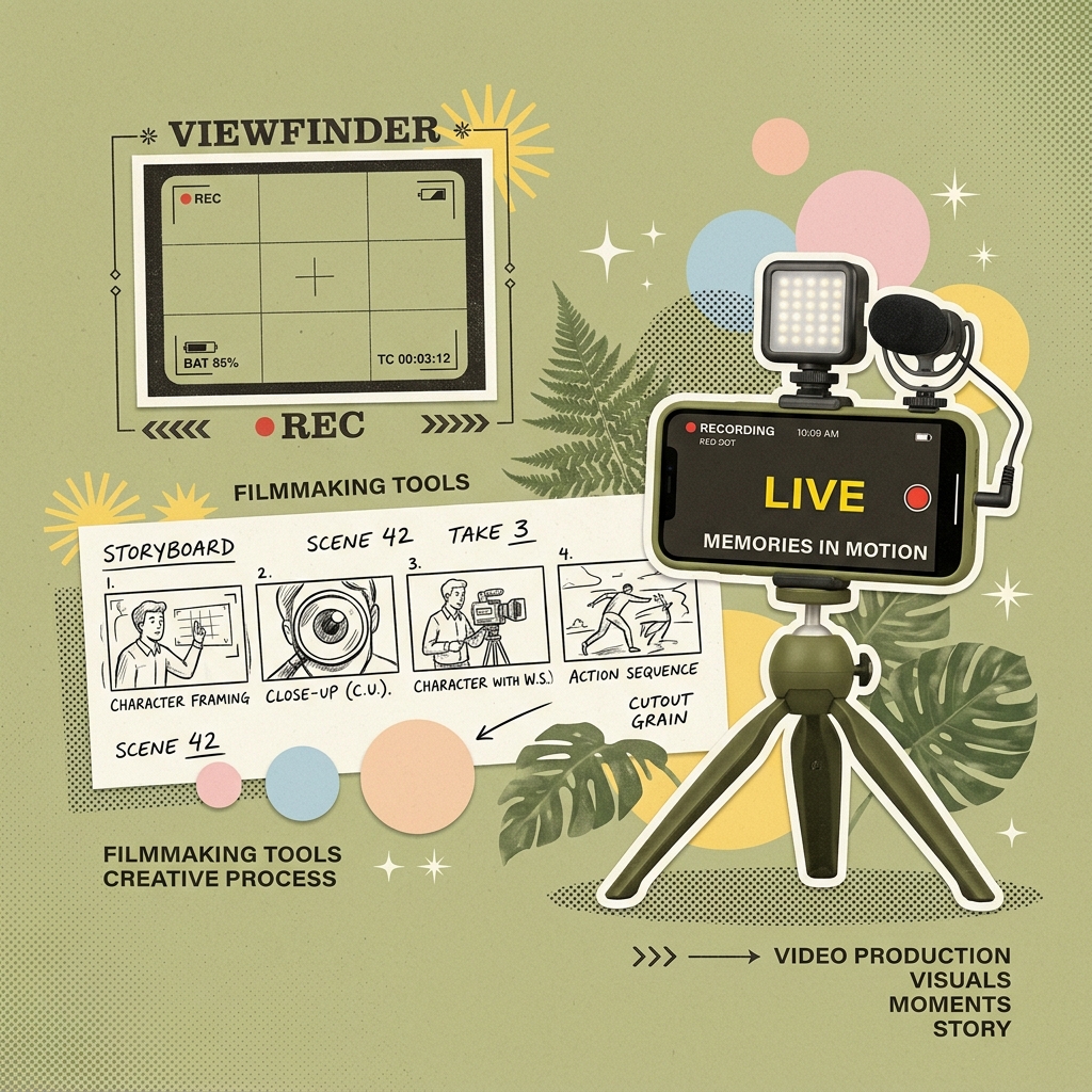 Minimalist vintage editorial illustration representing AI character video ads and Google Flow storyboard on soft olive background