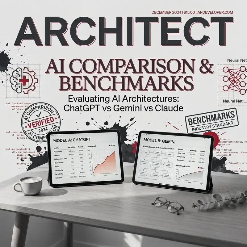 Editorial collage illustration comparing three major AI assistants with benchmark charts