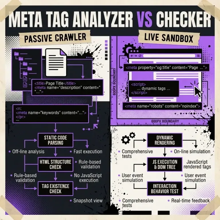 Comparison graphic illustrating Meta Tag Analyzer vs Meta Tag Checker features