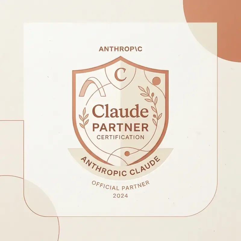 Minimalist editorial illustration of Anthropic Claude partner certification credential shield