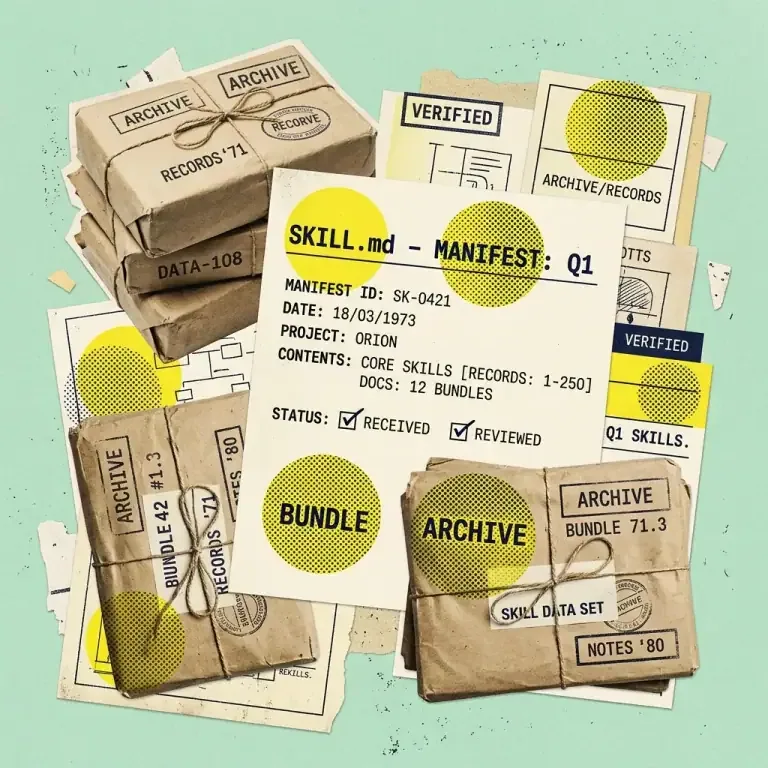 Retro-tech editorial graphic showing packaged archive bundles and SKILL.md manifests on a soft mint background