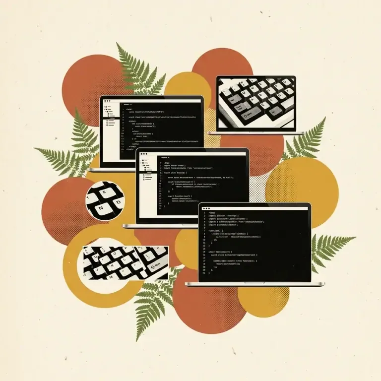 Vintage editorial halftone collage featuring AI code editors and terminal tools on a warm sand background