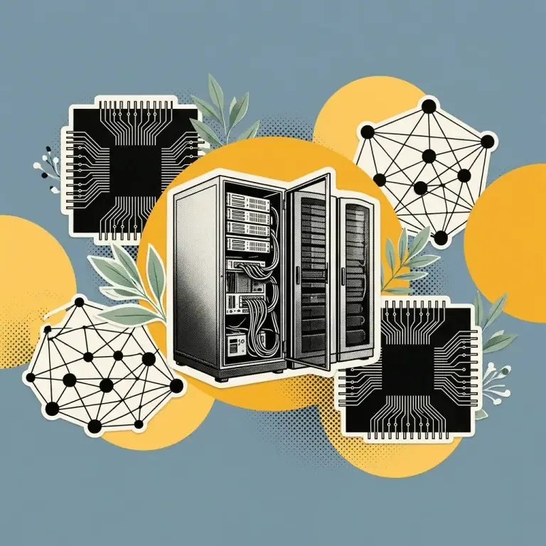 Minimalist vintage editorial illustration of cloud GPU datacenters and server compute matrices on a soft lavender background