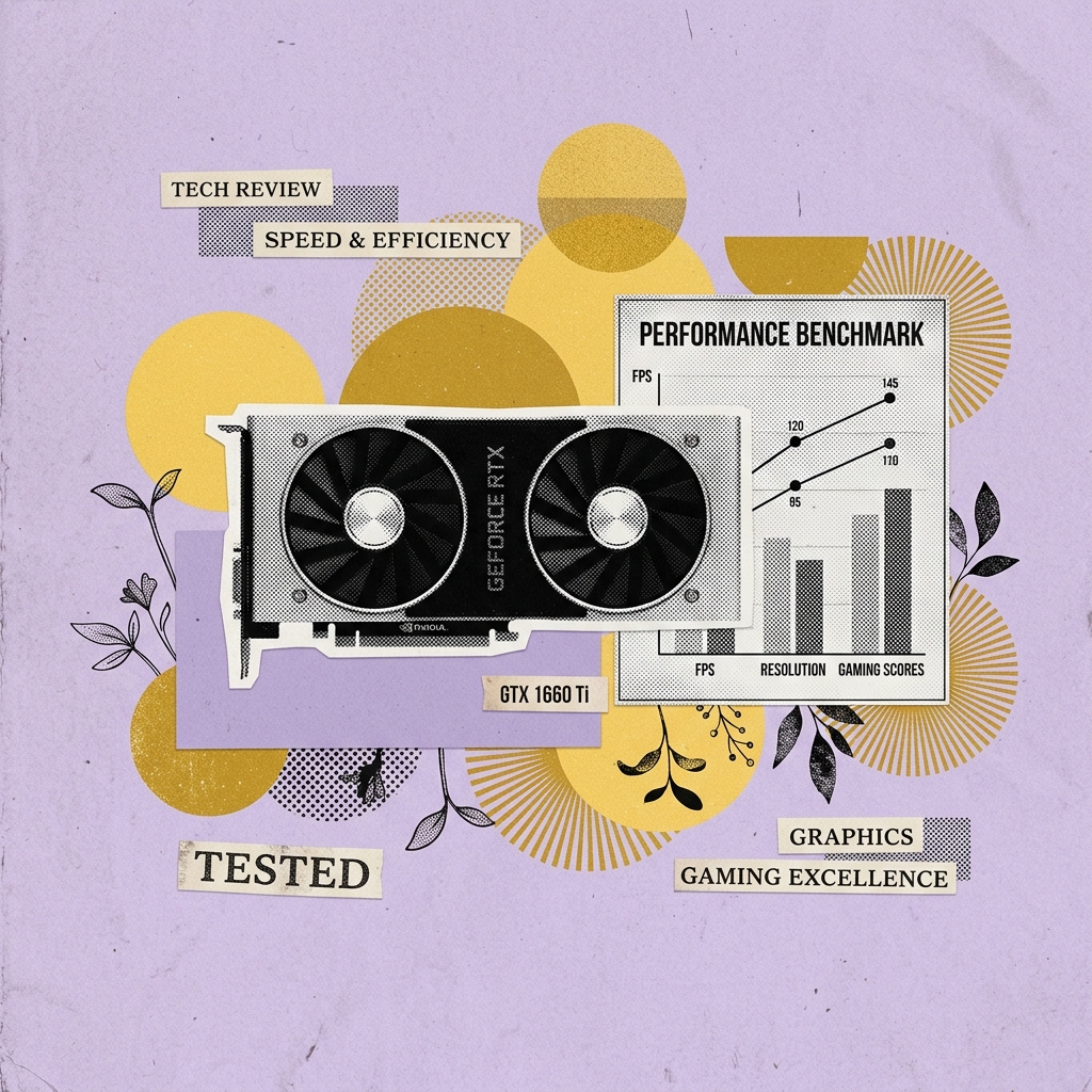 Vintage editorial collage illustration showing a desktop GPU and benchmarking graph on a soft lavender background
