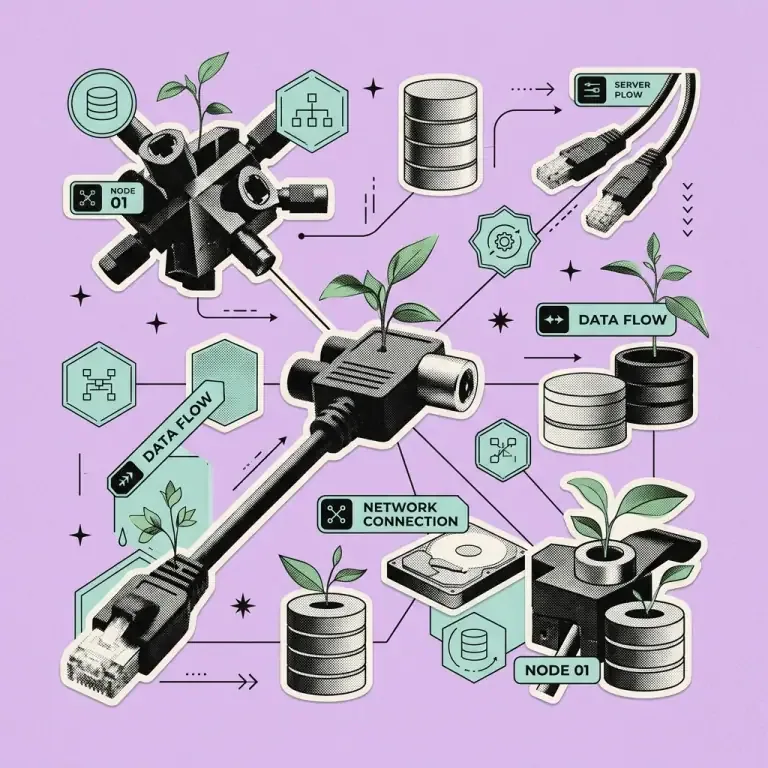 Vintage editorial halftone graphic showing interconnected MCP server nodes and database tools on a soft mint background