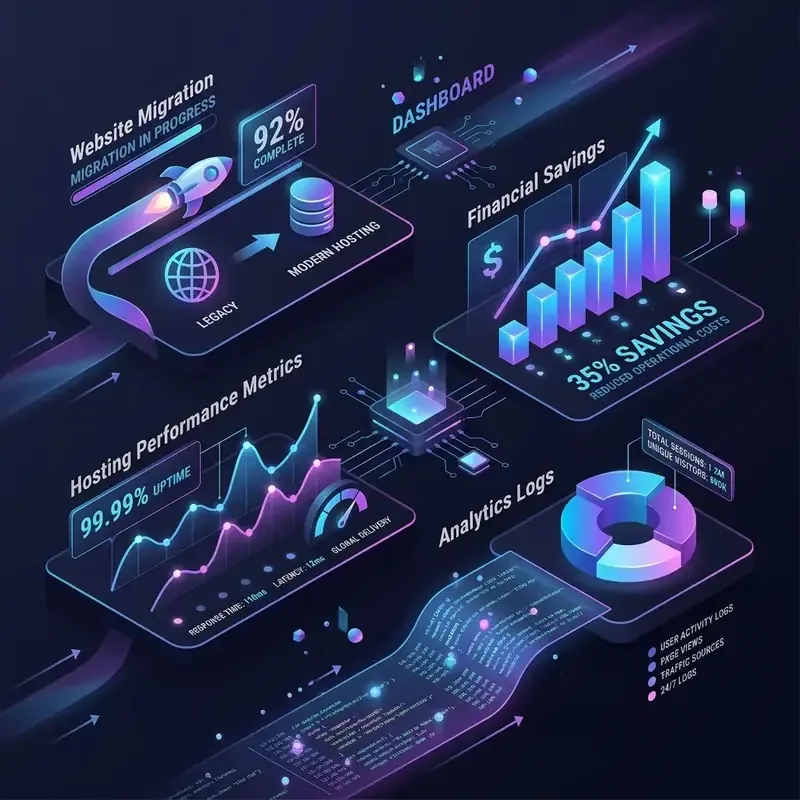 Minimalist 3D editorial illustration representing migration cost savings and performance graphs