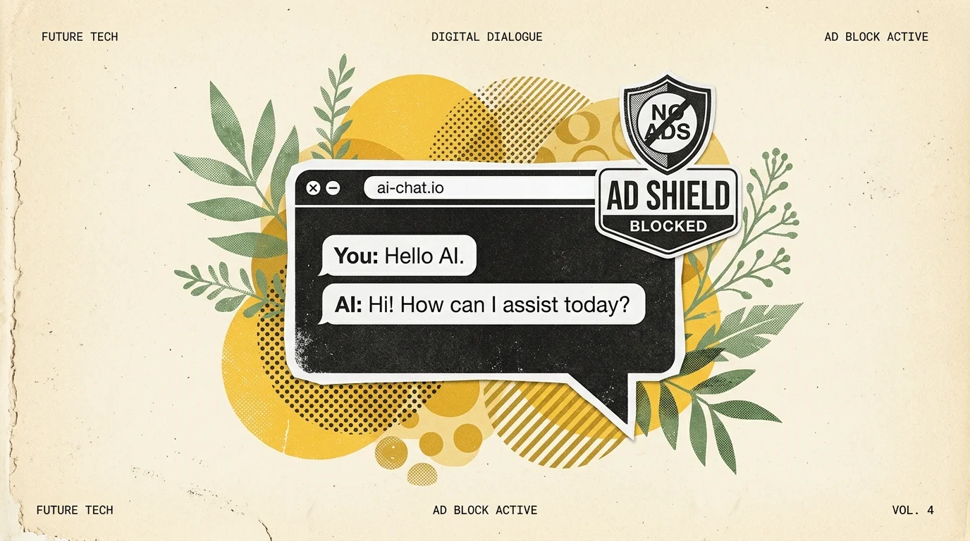 Vintage editorial collage illustration of an AI chat dialog bubble with an ad shield blocker badge on a warm cream sand background