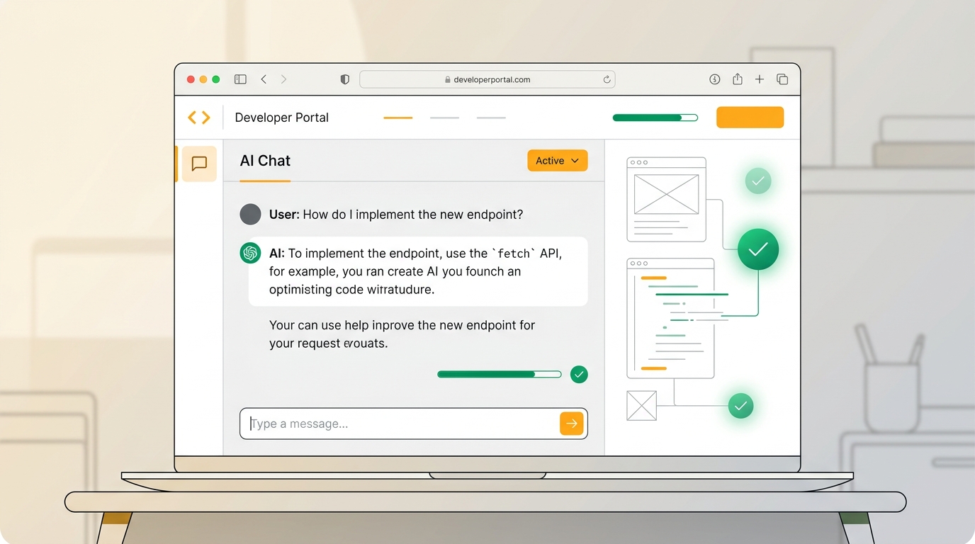 Minimalist modern editorial illustration of a browser interface cleaning up promotional banners on an AI chat canvas with green checkmarks and clean architectural lines