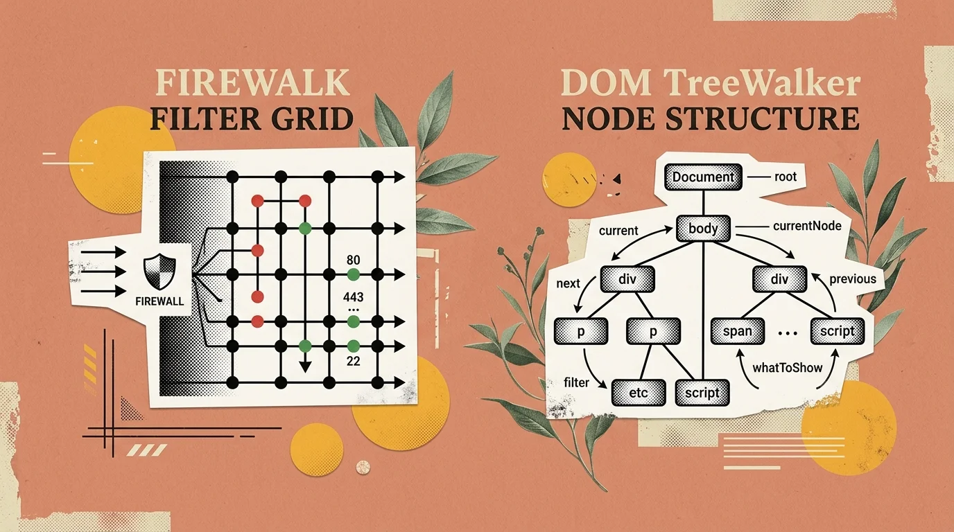 Vintage editorial collage illustration comparing a network firewall filter grid against a DOM TreeWalker node structure on a soft terracotta background