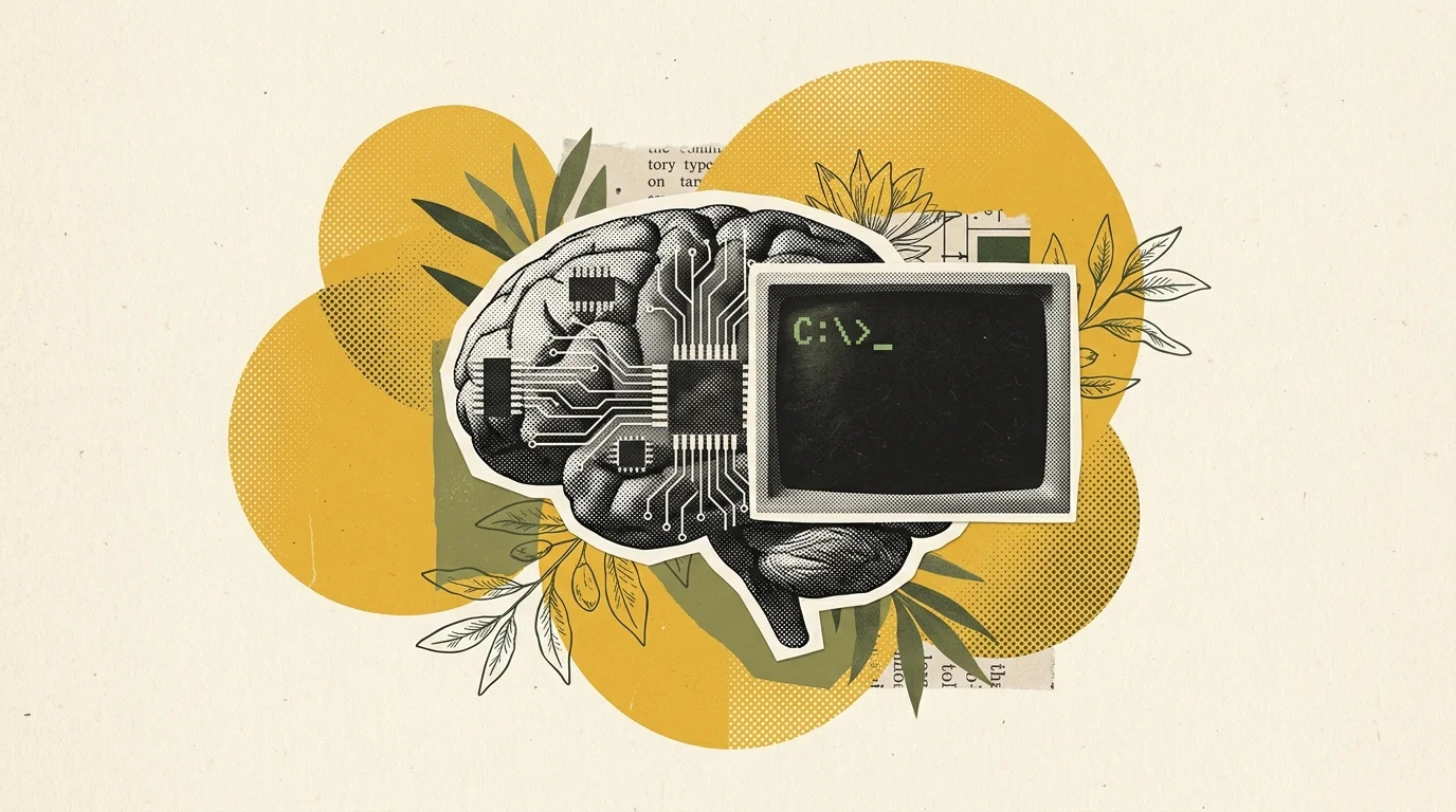 Vintage editorial mixed-media collage showing a microprocessor brain and terminal interface on a warm cream background