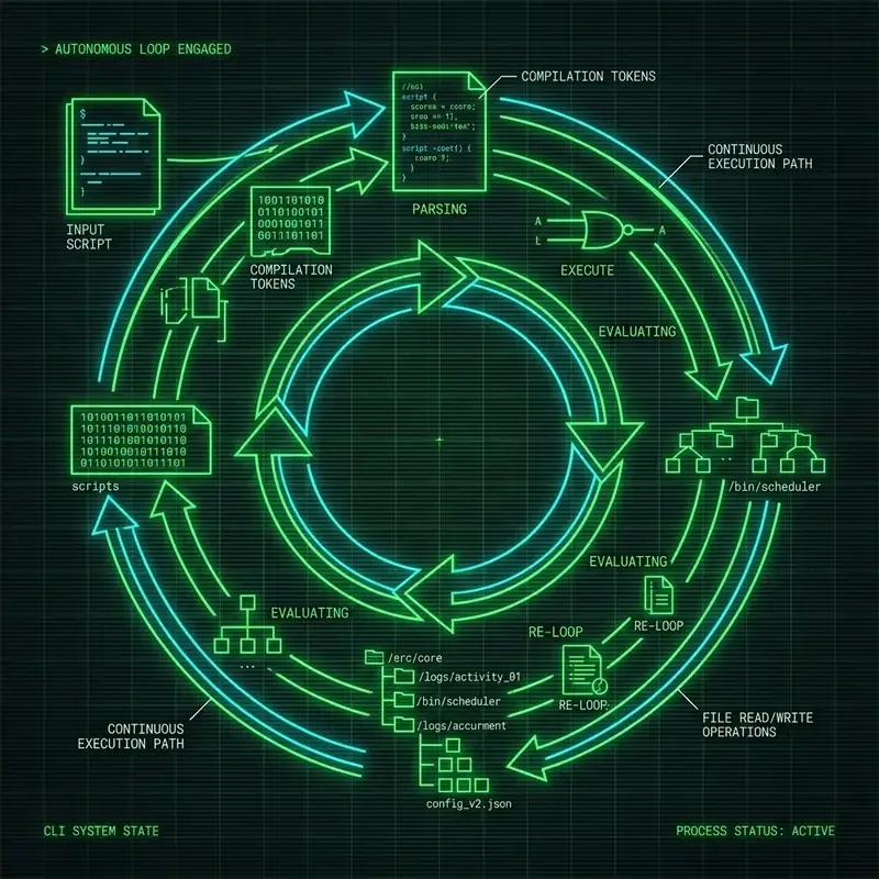 Minimalist architectural diagram showing autonomous agent loops with glowing node paths