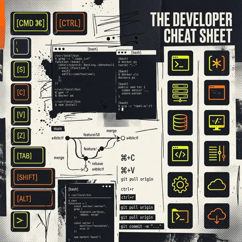 Minimalist technical cheat sheet schematic showing terminal execution shortcuts and slash commands
