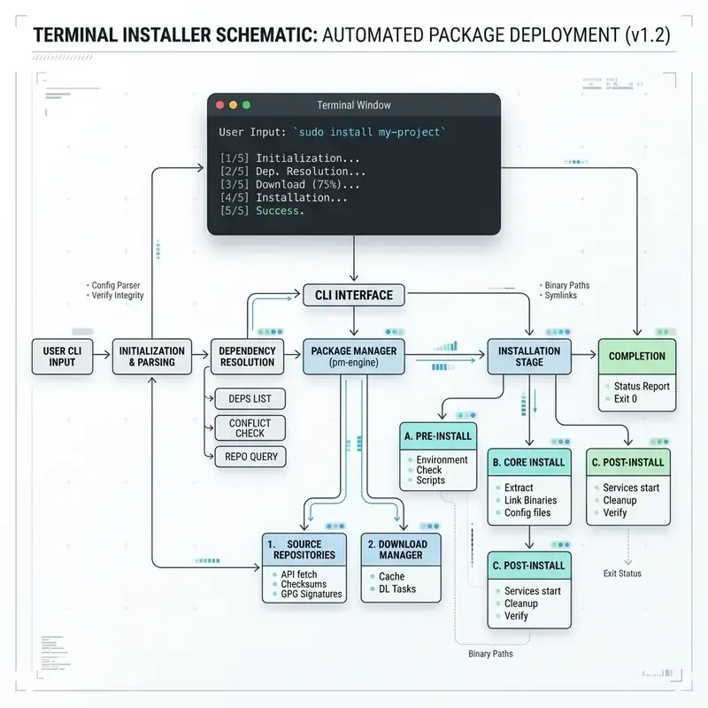 Minimalist terminal installer schematic showing package manager nodes and clean CLI interface