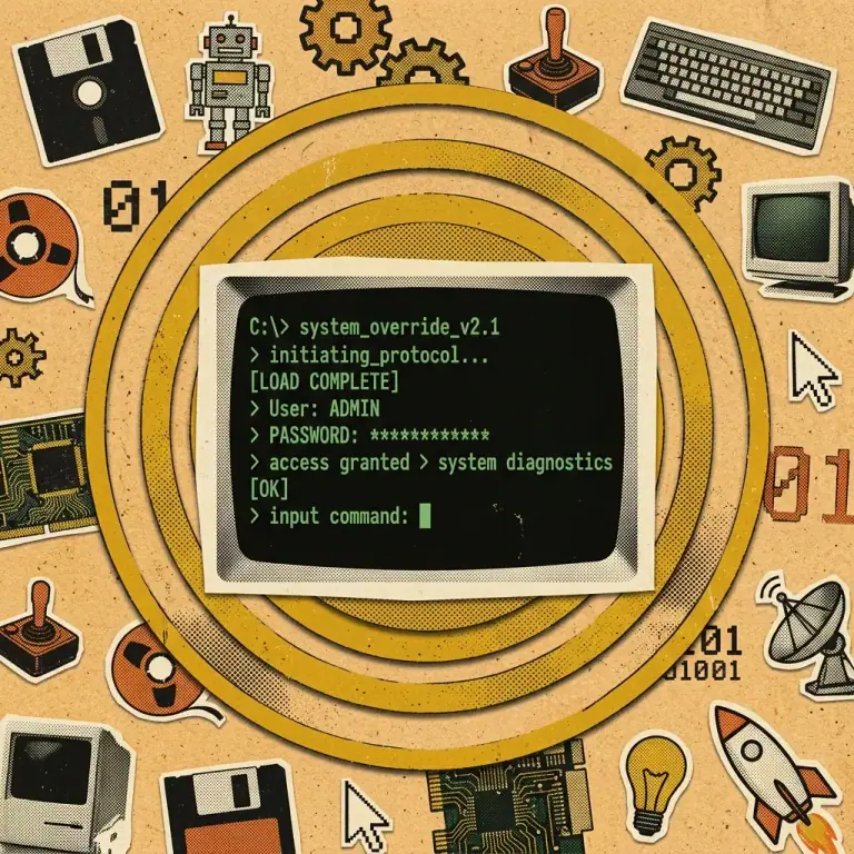 Retro-tech editorial graphic comparing two terminal shell prompt windows with vintage halftone patterns on a warm sand background