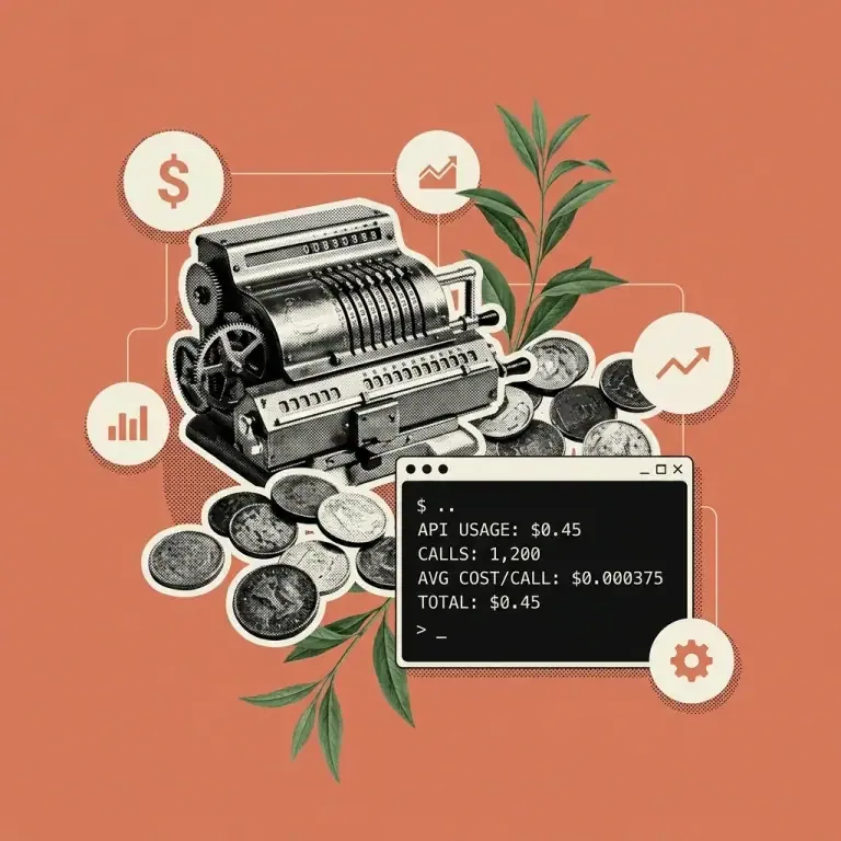 Minimalist vintage editorial illustration of Claude Code pricing tiers and API token calculators on a soft olive background
