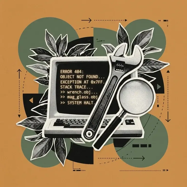 Vintage editorial illustration of terminal error logs, red alert badges, and fix checklists on a soft terracotta background