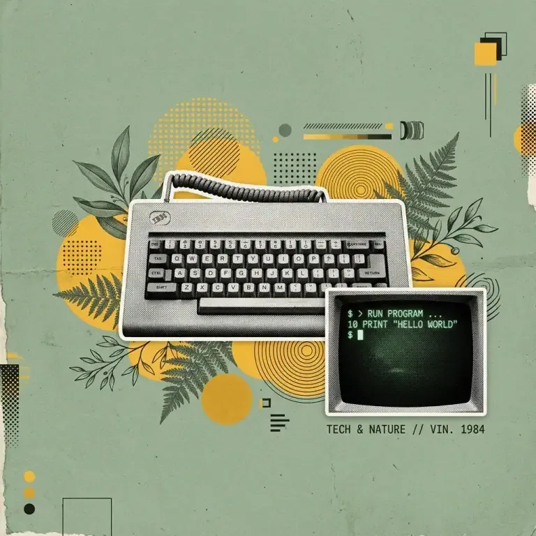 Minimalist editorial vintage collage illustrating a terminal command cursor next to an AI code editor window on a sage green background