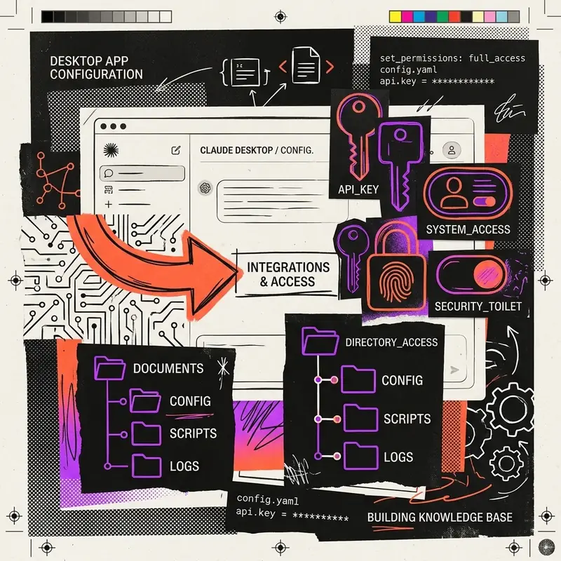 Retro-futuristic editorial infographic showing Claude Desktop connecting to a local MCP Server
