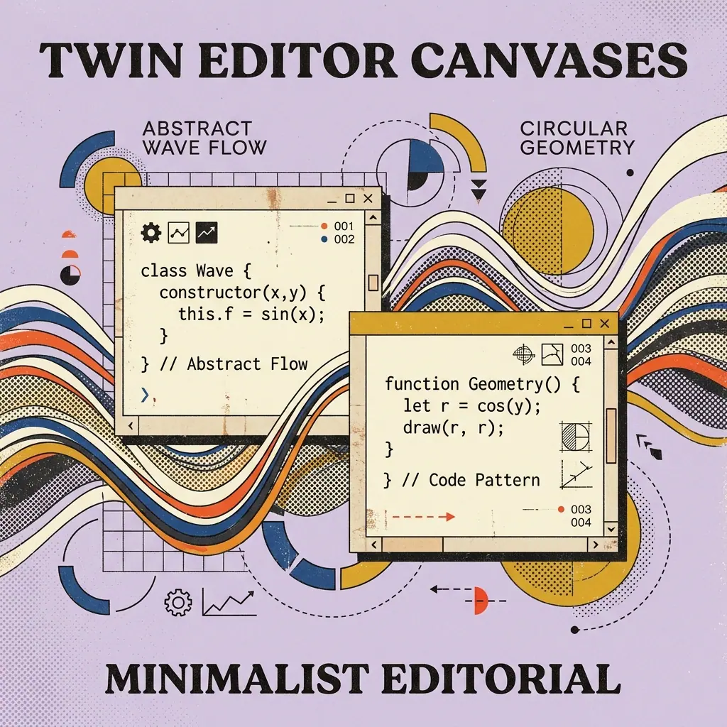 Abstract editorial collage representing two AI IDE workflow windows with geometric waves and halftones on a soft lavender background