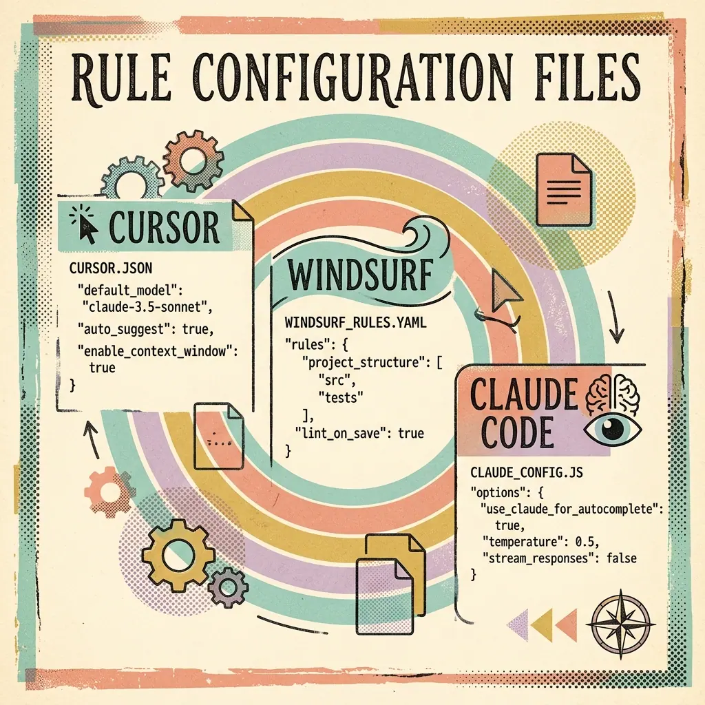 Minimalist vintage editorial collage showing rule configuration files for Cursor, Windsurf, and Claude Code on a warm cream background