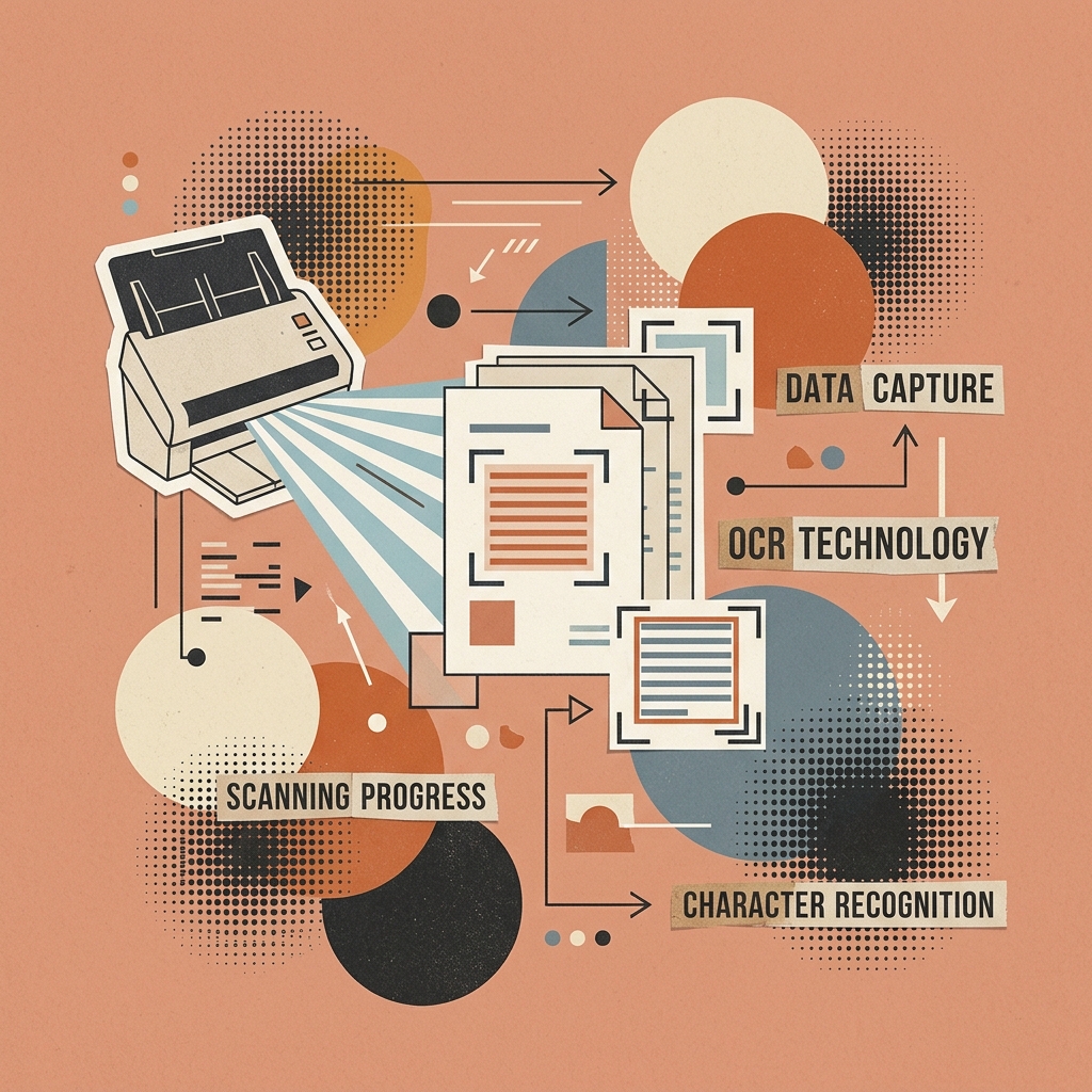 Vintage editorial collage illustration showing structured document scanner rays and OCR frames on a soft terracotta background