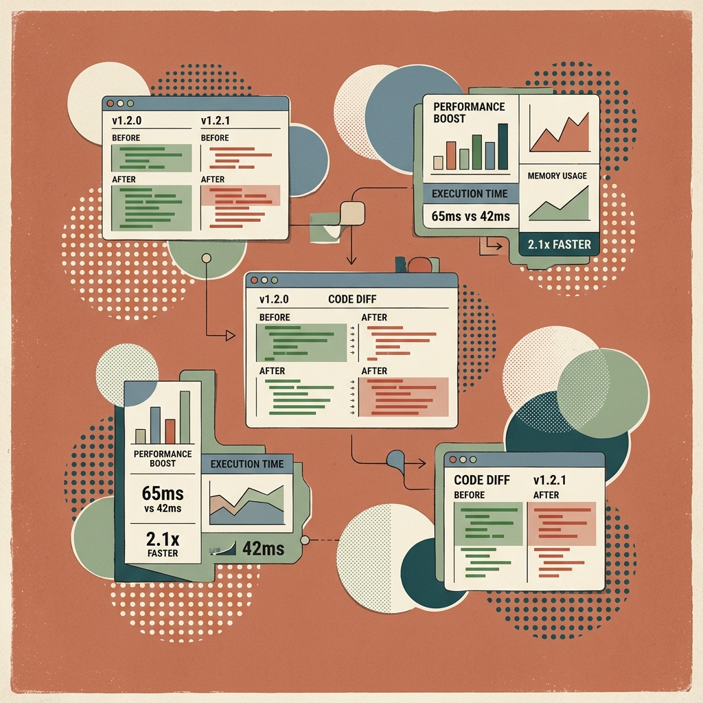 Vintage editorial collage illustration showing floating code diff windows and benchmark comparison metrics on a terracotta background