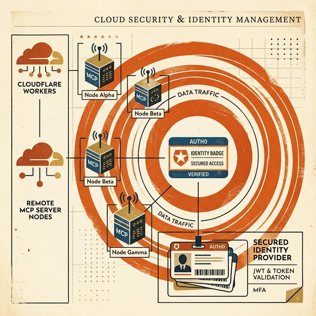 Minimalist vintage editorial collage illustrating remote MCP server nodes on Cloudflare Workers secured by Auth0 identity badges