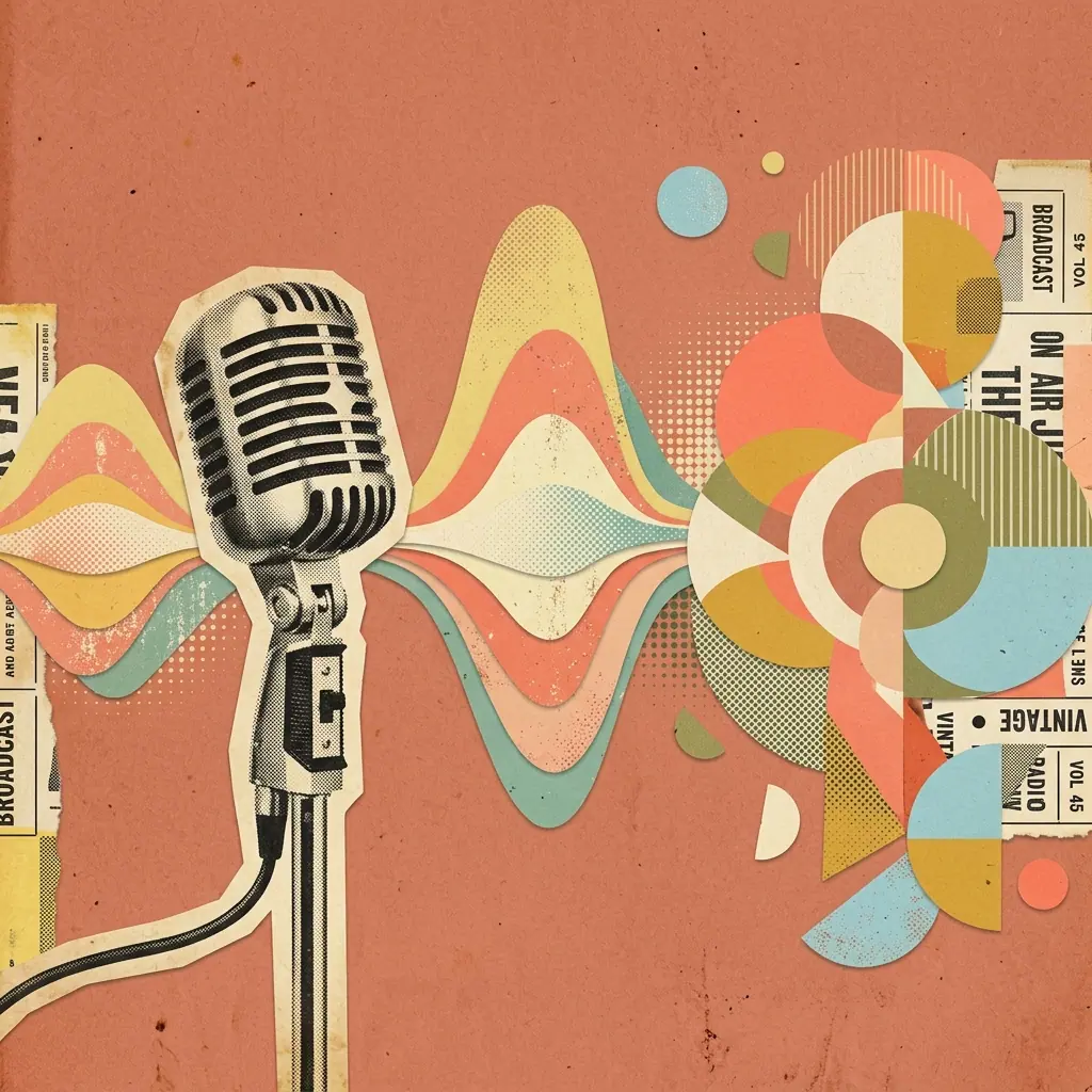 Minimalist editorial collage featuring audio soundwaves and vintage speech microphone graphics on a soft terracotta background