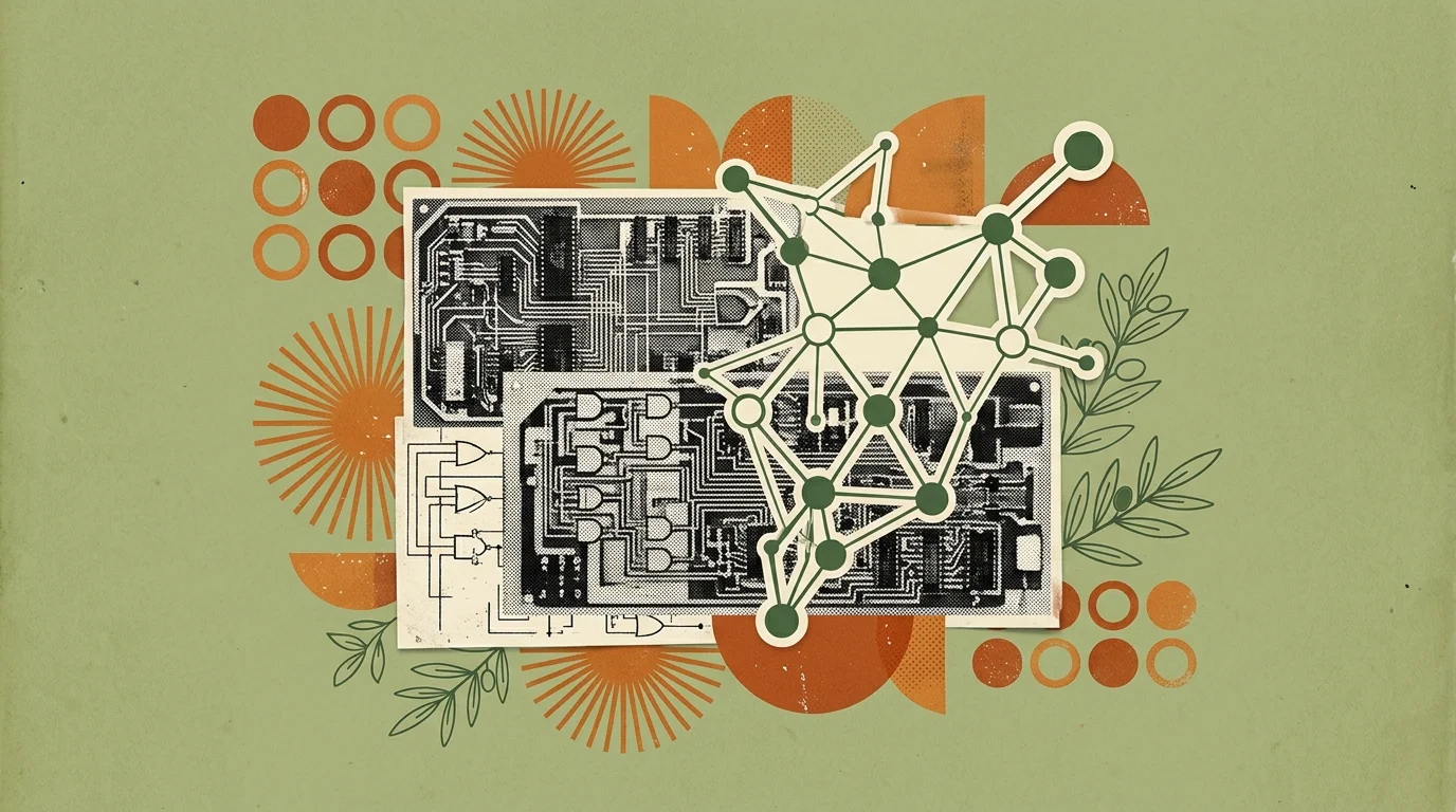 Vintage editorial collage illustration of microprocessor circuit boards and geometric vector network nodes on a soft olive background