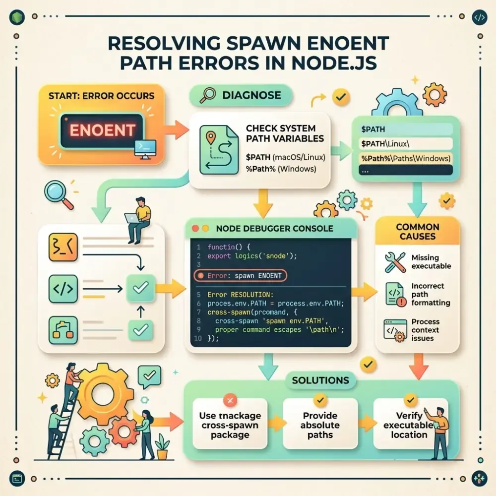 Error resolution flow diagram for spawn ENOENT and path errors in Cursor and Claude