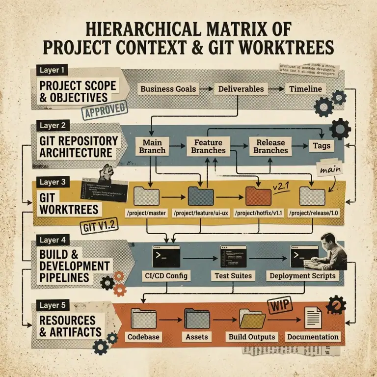 Vintage editorial collage showing a 5-layer hierarchical matrix diagram of project context and Git worktrees on a soft sand background