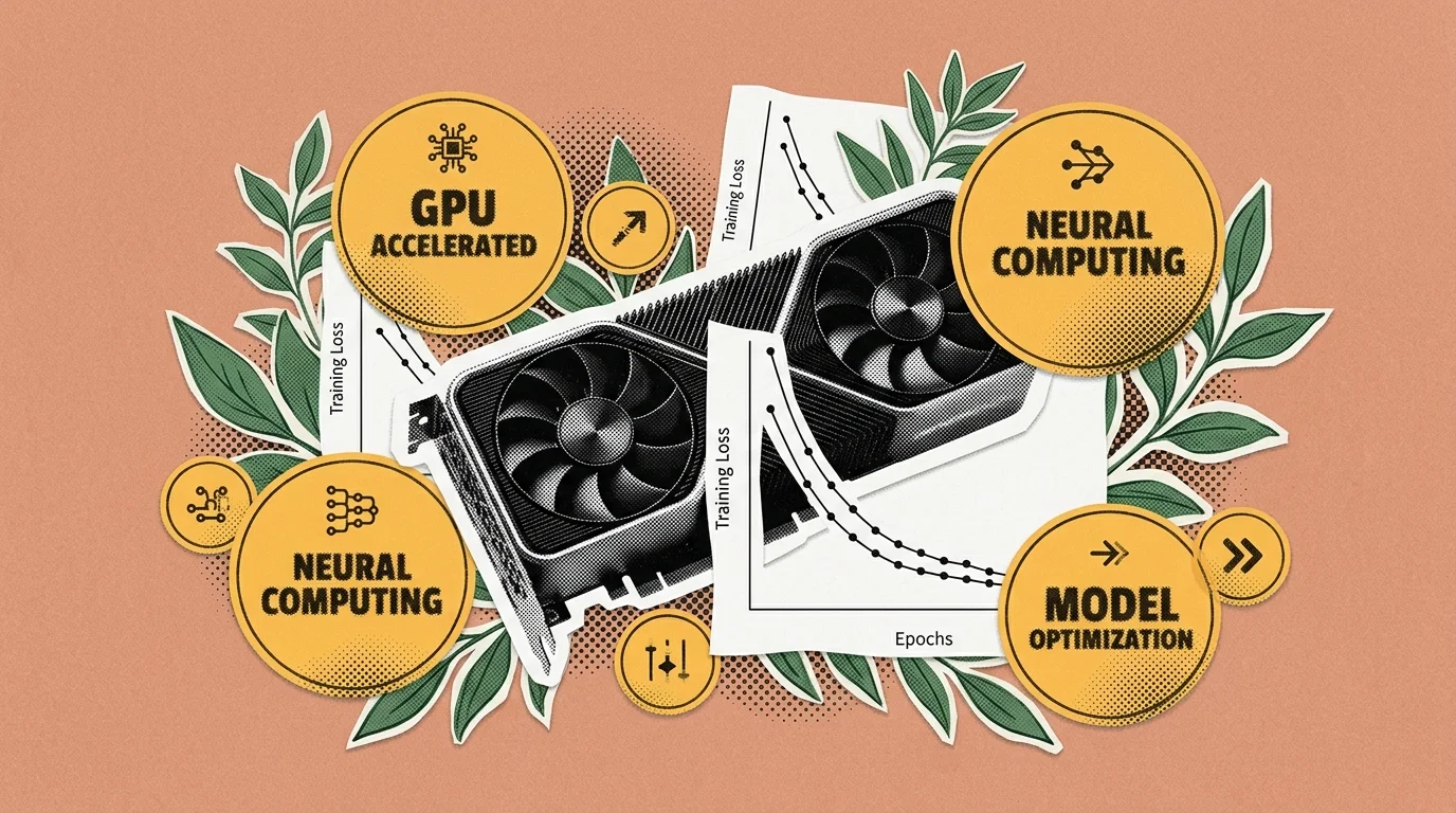 Vintage editorial collage illustration of a GPU processor, training loss charts, and botanical leaves on a terracotta background