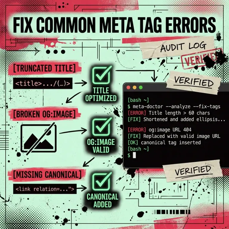 Developer debugging HTML metadata errors using an audit checklist