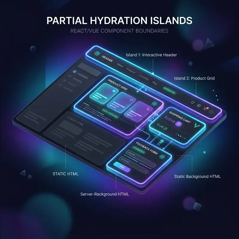 Minimalist 3D illustration of component islands and UI blocks