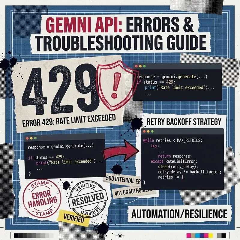Clean minimalist error shield illustration of Gemini API troubleshooting