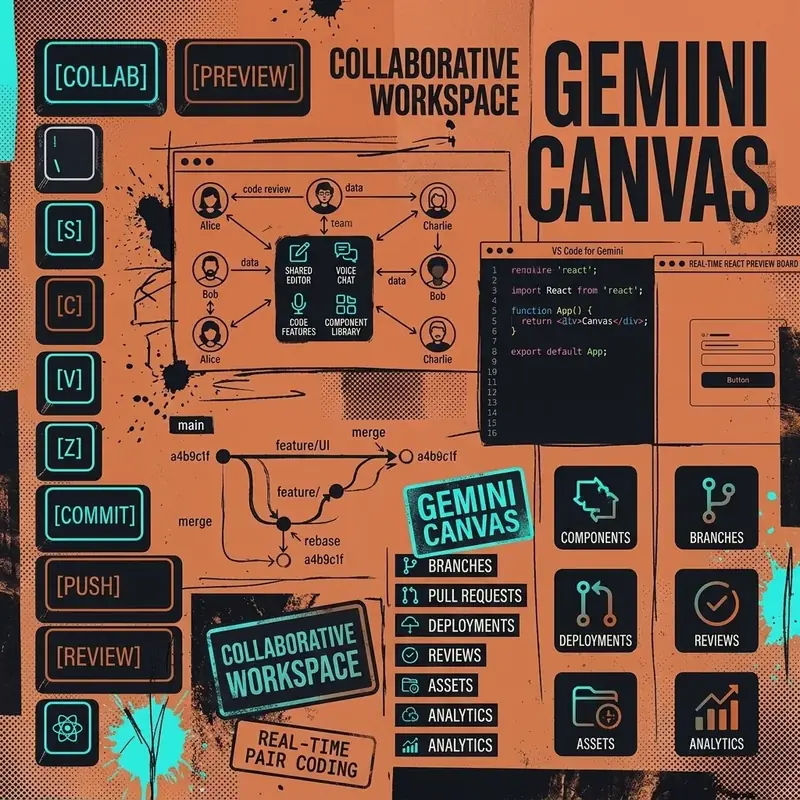 Editorial collage illustration of Gemini Canvas collaborative AI workspace with code and document editing