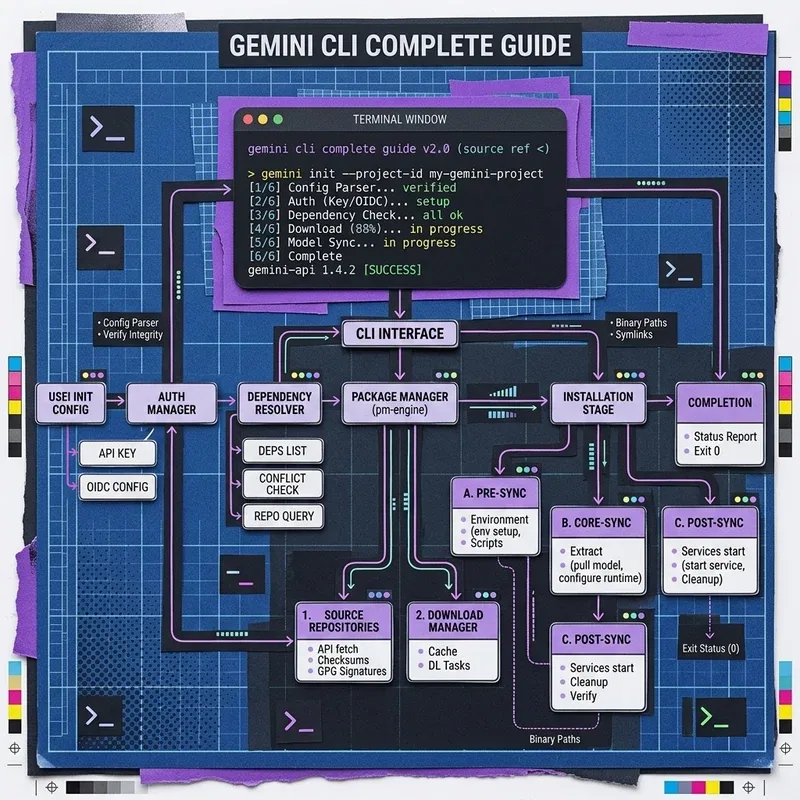 Clean minimalist terminal illustration of Gemini CLI workflow