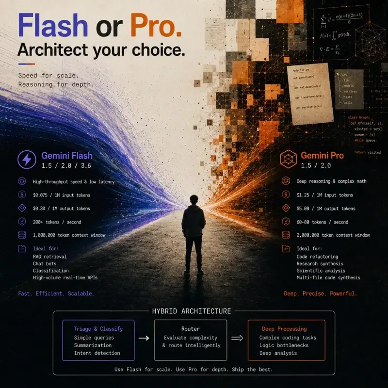 Architectural comparison illustration of Gemini Flash vs Gemini Pro