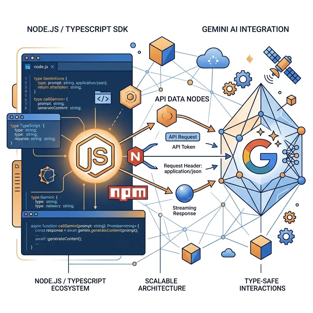 Retro-futuristic infographic showing a developer interacting with the Gemini API through glowing nodes