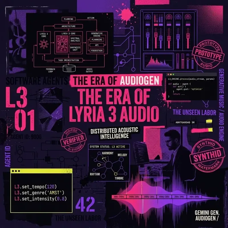 Editorial collage illustration of AI music generation with waveforms and mixing console