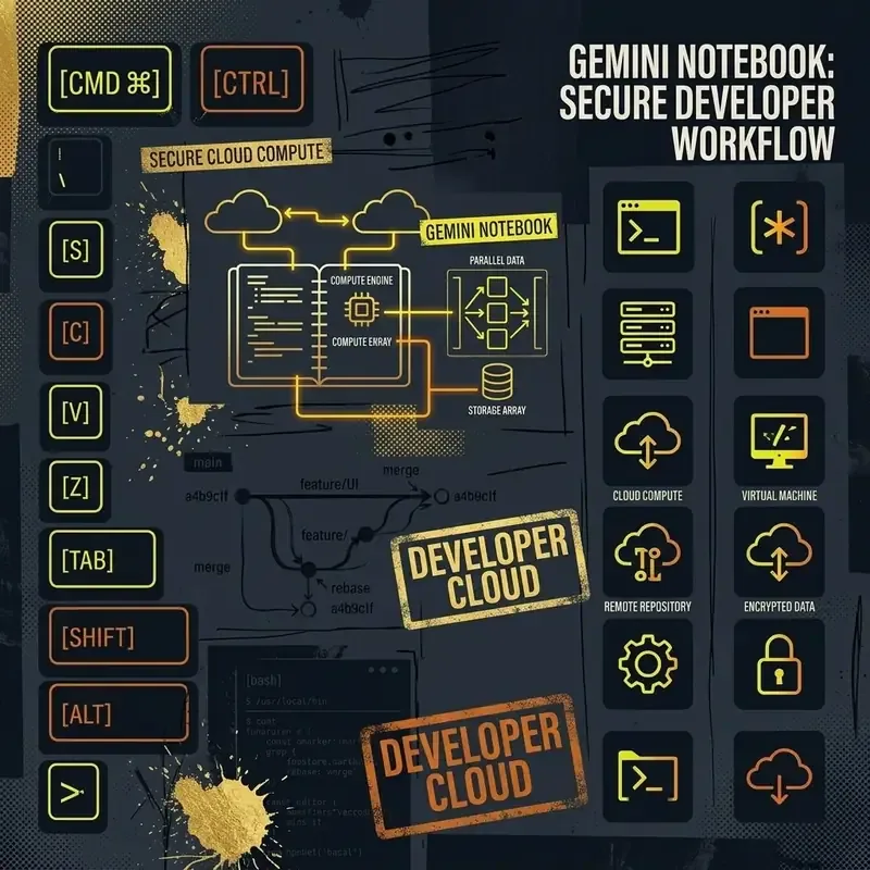 Editorial collage illustration of Gemini Notebook with data charts and cloud computing elements