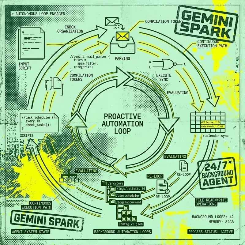 Editorial collage illustration of Gemini Spark proactive AI assistant with inbox and calendar automation