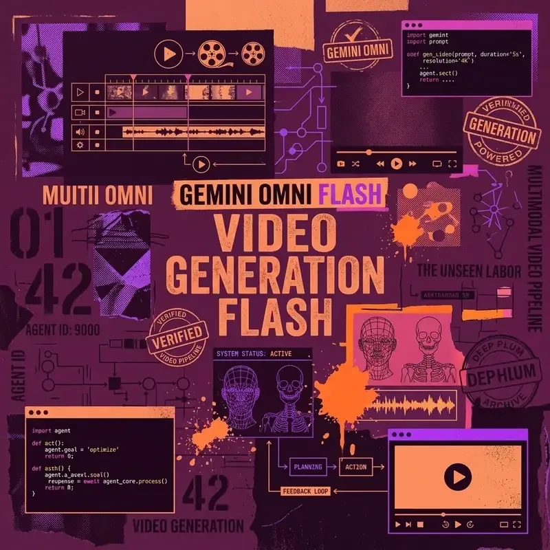 Editorial collage illustration of AI video generation with film reels and editing timeline