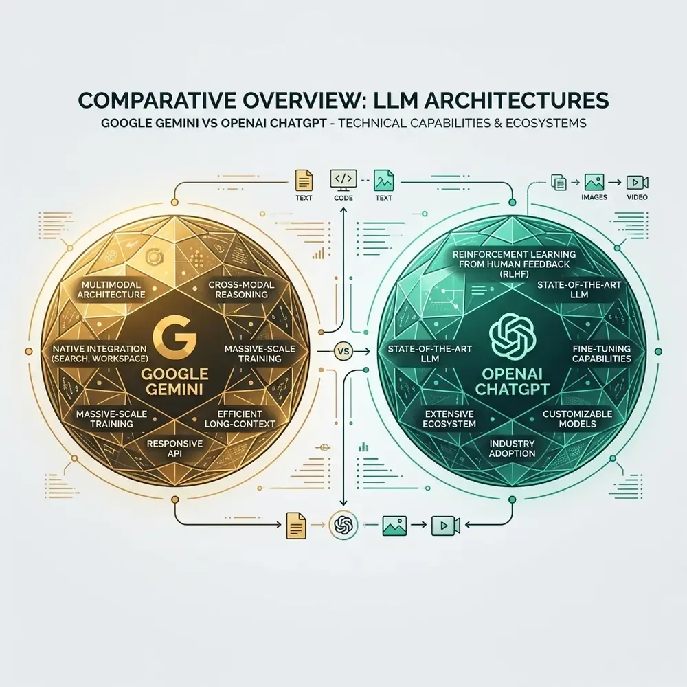 Geometric isometric comparison illustration of Gemini vs ChatGPT