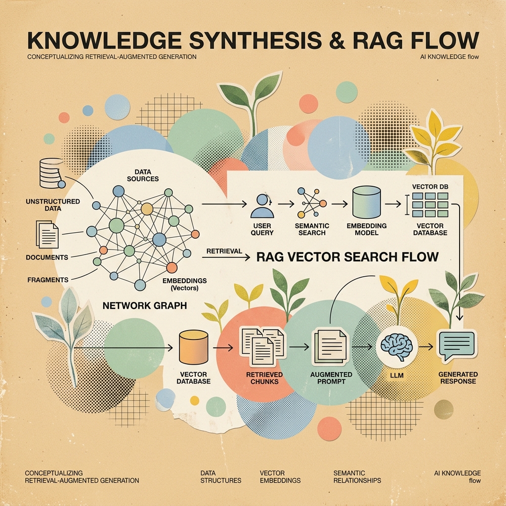 Vintage editorial collage illustration showing network nodes and RAG vector search on a warm sand background