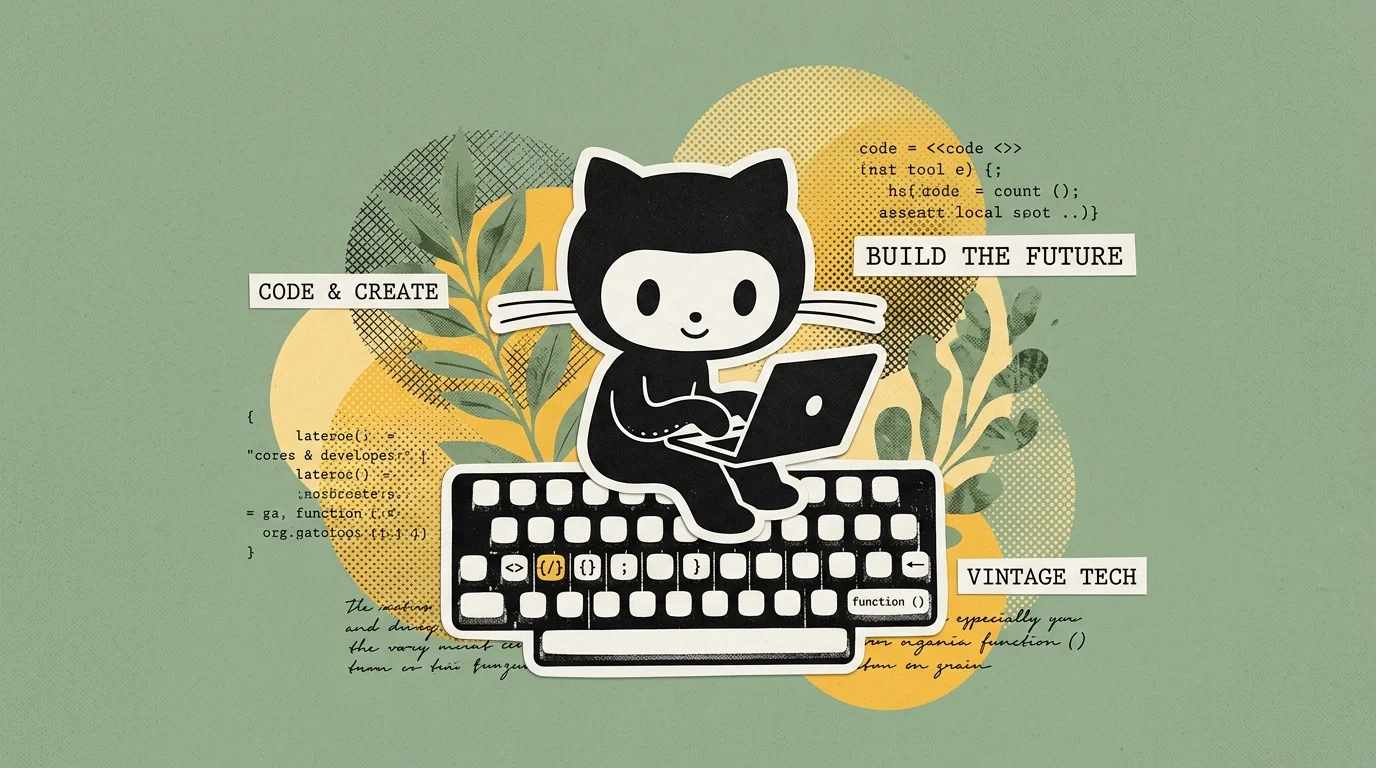Vintage editorial collage illustration of Octocat silhouette and typewriter keyboard on a sage green background