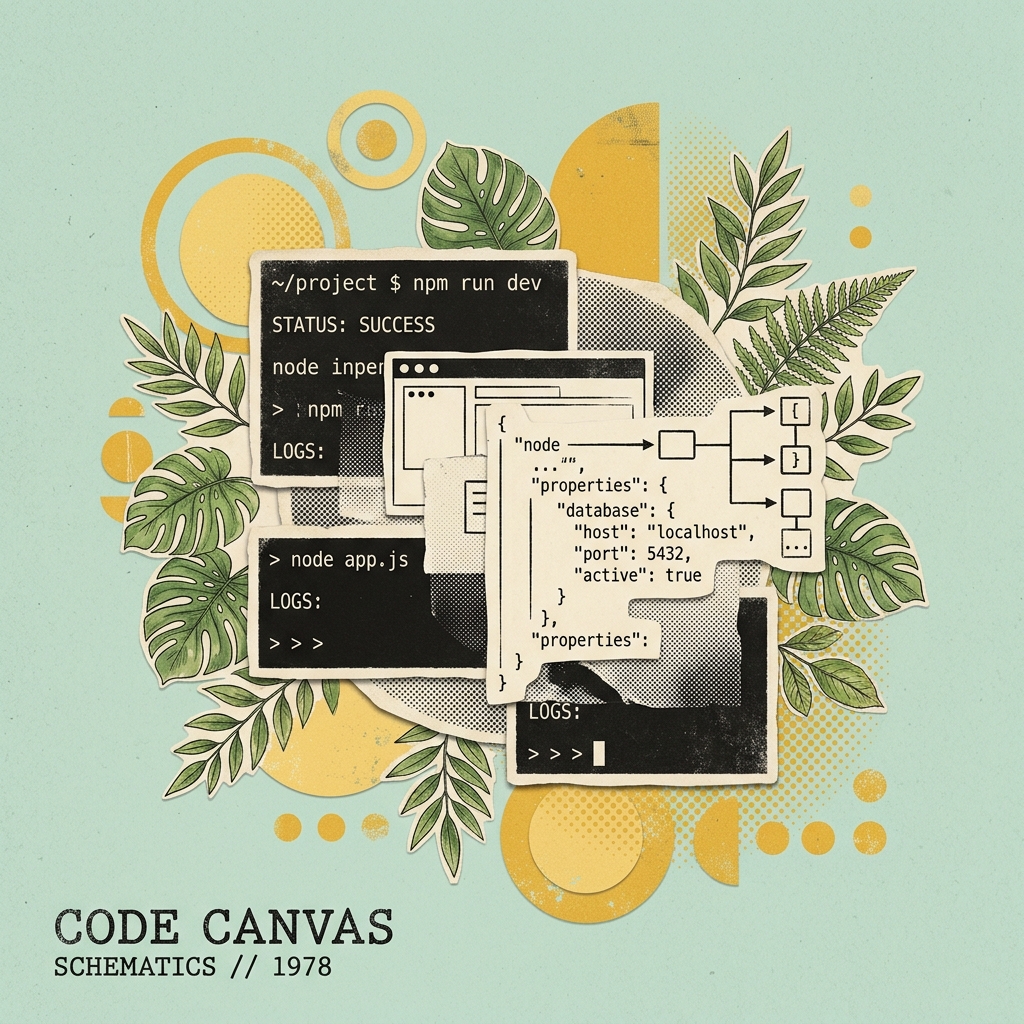 Vintage editorial collage illustration of code canvas interfaces, JSON schema nodes, and terminal prompts on a Muted Mint background
