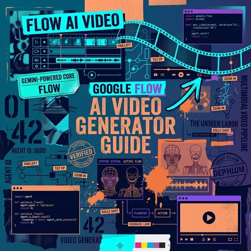 Clean minimalist film strip illustration of Google Flow AI video generation