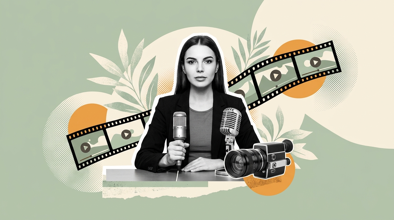 Vintage editorial mixed-media collage illustration of an AI video presenter with vintage microphones, camera, and filmstrip timeline on a sage green background